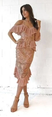 $150 • Buy Alice McCall We Could Be Friends Rose Gold Frill Embroidered Midi Dress Size 6