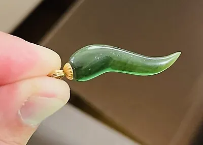 $65 • Buy Vintage Carved Green Jade Italian Good Luck Horn Pendant Charm Gold Filled