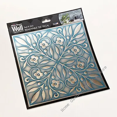 Peel Stick 8 X8  Art Wall Tile Backsplash BLUE SILVER Floral Scroll Made In USA • $5.59