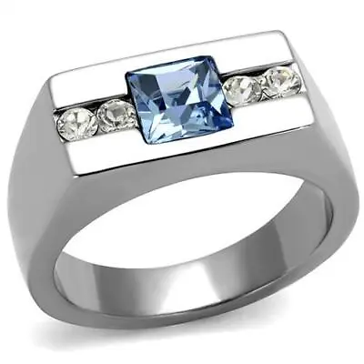 Mens Blue Topaz Ring Signet Pinky Stainless Steel Stamped Smart Princess Cut • £19.99