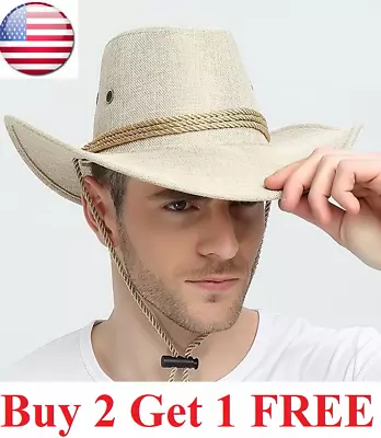 Mens Summer Bucket Cap Cowboy Fedora Hat Wide Brim Linen Mesh Outdoor Hats • $11.95