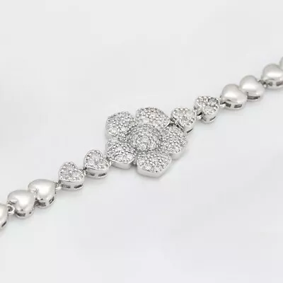 925 Sterling Silver Womens Zircon Gemstone Heart Link Flower 6.5  Bracelet D65 • $27.95