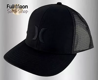 NEW Hurley Del Mar Icon Solid Black Mens Snapback Trucker Cap Hat • $27.95