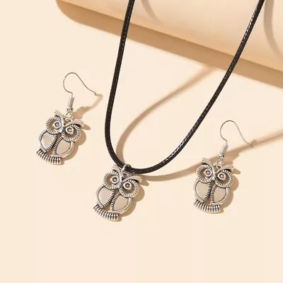 Vintage Jewellery Set Black Pu Leather Silver Owl Pendant Necklace Drop Earrings • $2.98