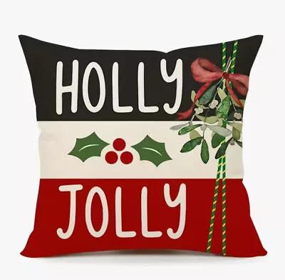 HOLLY JOLLY Striped Christmas Linen Throw Pillow Cover 18x18 Holiday Home Decor • $13.08