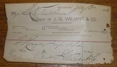 Antique 1896 Billhead - J.G. Valiant & Co Importers & Decorators - Baltimore • $9.99