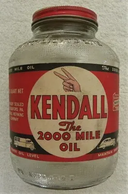 Vintage Kendall 2000 Mile Oil 1 Quart Glass Jar & Paper Label NICE • $79.99