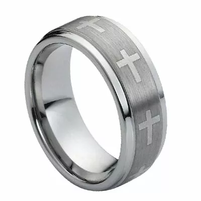 Free Personalized Tungsten Carbide 9mm Crosses On Brushed Center Ring • $32.96