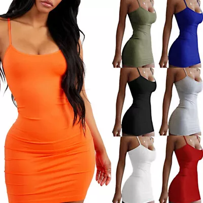 Women Bodycon Mini Tank Dress Spaghetti Strap Solid Sexy Party Club Wear Dresses • $8.68