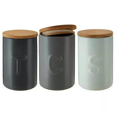 Set Of 3 Fenwick Dolomite Coffee Tea Sugar Canister Storage Jar With Wooden Lid • £27.25