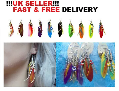 £2.89 • Buy Trendy Natural Feather Colour Earrings Long Dangle Bohemian UK Seller Gift