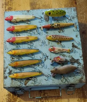 12 Vintage/Antique Fishing Lures With Vintage Metal Blue Storage Box W/Handle • $95