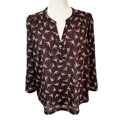 H&M Women's 1/4 Button Top Size M Brown Bird Print 3/4 Sleeve V-Neck High Low • $14.95