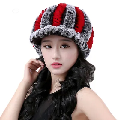Women Fur Peaked Cap Real Rex Rabbit Winter Warm Hats Handmade Vertical Striped • $16.14