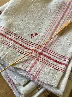 Antique French Country Loom Woven Linen Fabric Towel ~ Red ~ Mono AM • $39.99