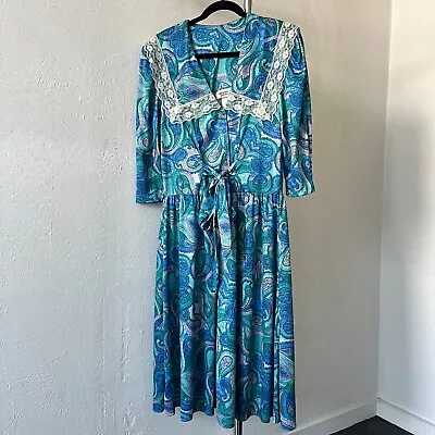 Vintage 80s GLENFREY Fashions Sz 10 Blue Belted Lace Midi Dress Paisley Print • $35