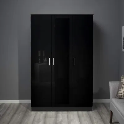 REFLECT 3 Door Plain Wardrobe 180 X 113 X 47 In Black High Gloss & Black Oak • £199.94