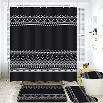 $36.52 • Buy 4Pcs Black Boho Shower Curtain Set With Rugs Modern Abstract Style 22
