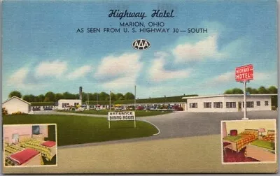 Marion Ohio Postcard HIGHWAY HOTEL Route 30 Roadside Linen / 1953 Cancel • $4