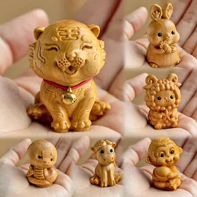 Wood Carving Chinese 12 Zodiac Animal Statue Ornaments Mini Pendant For Keychain • £4.92