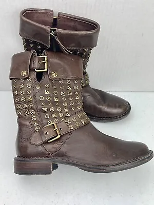 Ugg Woman’s Conor Stud Brown Leather Zipper Sherpa Footbed Boots Size 6.5 • $78