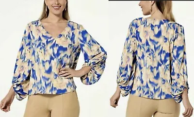 NEW G By Giuliana Drama Sleeve Printed Blouse WHITE & BLUE PLUS SZ 2X • $20