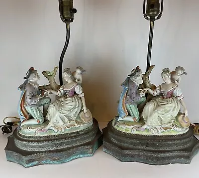 ROMANTIC Vtg French Bisque Porcelain Pair Of Lovers Lamps Cherub Cupid 24” • $78