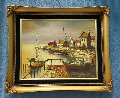 $39.99 • Buy Vintage Original Oil Painting On Board Fishing Boats Harbor Sunset BY TONY