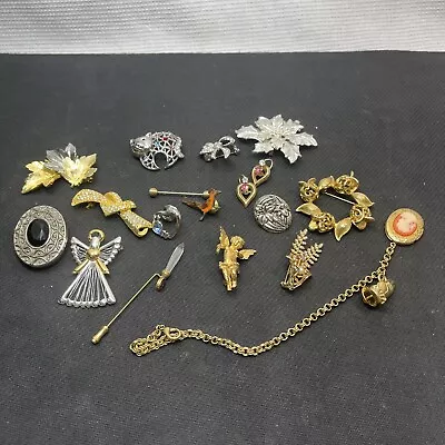 Vintage & Costume Jewelry Lot Of  18 Unsigned Signed Brooch Cat Angel Pins • $22