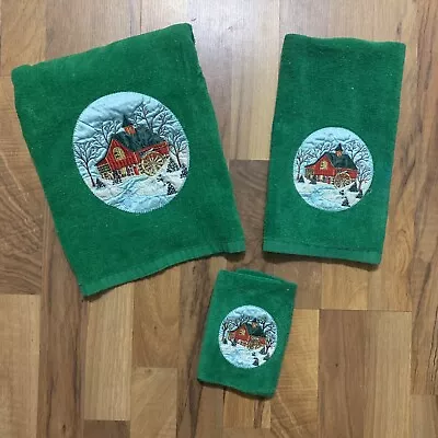 Vintage Christmas Bath Hand Towel Wash Cloth Set 3 Piece Cotton Winter Snow Barn • $40