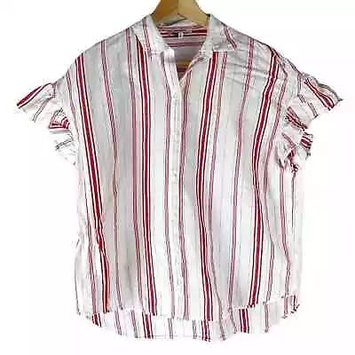 Madewell Central Top Womens Medium White Red Ruffle Sleeve Blouse Carey Stripe • $25.88