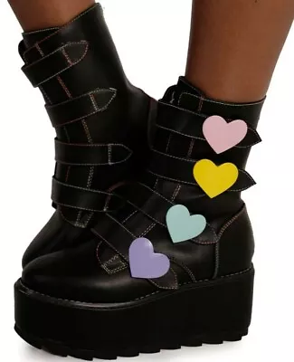 YRU Karma Valentine Platform Boots W/Hearts Raves Black Women's Size 8M NWOB! • £91.22