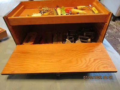 Old Vintage Wood Handmade Fishing Tackle Box Full Of Vintage Tackle Good Cond • $450