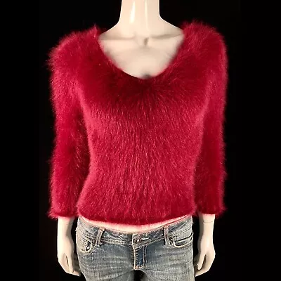 80% Angora Fuzzy Vintage EXPRESS Burgundy V-Neck Pullover Sweater 34 In Bust • $129.99
