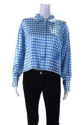 DMn Womens Satin Houndstooth Button Up Shirt Blouse Blue White Silk Size Medium • $249.99