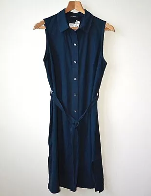 Ex F&F Navy Collared Sleeveless Button Belted Knee Length Linen Dress Size 20/22 • £8