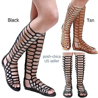 New Women Bmgc Black Tan Strappy Gladiator Knee High Tall Sandals Size 5.5 To 11 • $29.99