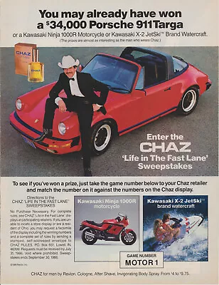 $12.79 • Buy 1986 Chaz Cologne - 911 Porsche Targa - Kawasaki Ninja - Sweepstakes Print Ad