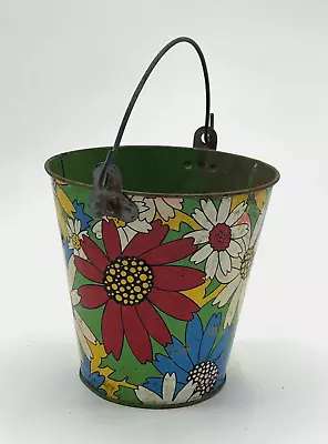 Ohio Art Tin Litho FLOWER POWER Sand Pail Vintage 1960s 1970s Daisy Daisies • $55