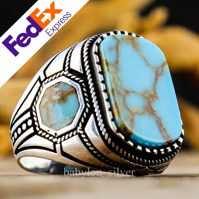 Solid 925 Sterling Silver Turkish Handmade Turquoise Stone Men's Luxury Ring • $54.81