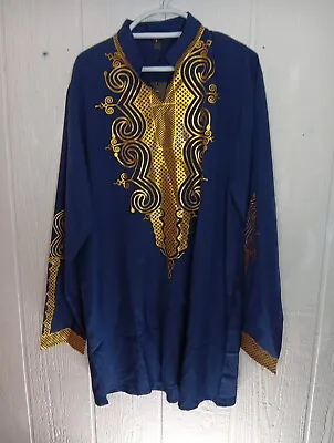 Luc Matton Mens S African DASHIKI Tunic Shirt Tribal Blue Gold Long Sleeve NWT • $21.99