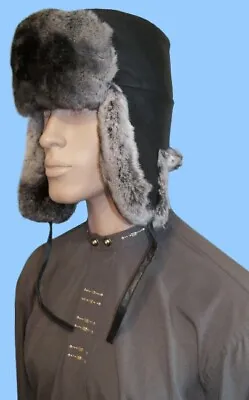 NEW MENS GENUINE CHINCHILLA With BLACK LEATHER Aviator FUR HAT 23 Inch -st10 • $379