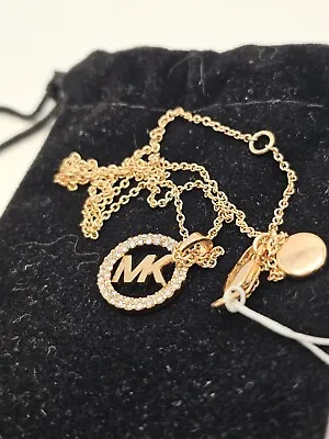 Michael Kors Rose Gold Necklace MK Logo Crystal Disc NEW Easter Gift Signed • $52