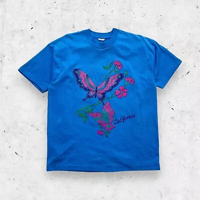 Vtg 80s 90s Fruit Loom Best California Butterfly Glitter Tourist Shirt XL • $24.99