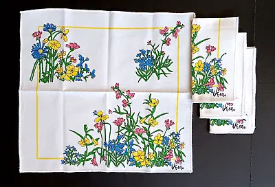 4 Vera Neumann Floral Napkins Multicolored Flowers White Cotton W/Yellow Border • $15