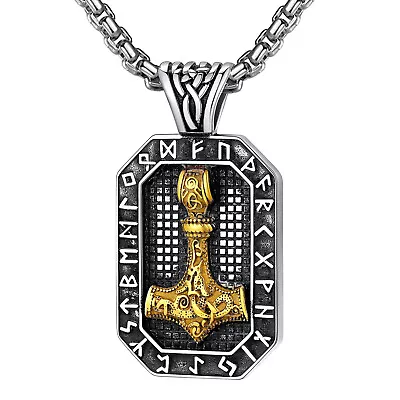 Mens Norse Viking Thors Necklace Stainless Steel Hammer Mjolnir Dog Tag Pendant • $10.33