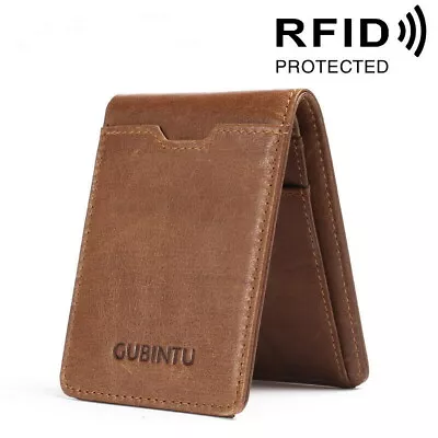 Men 100% Genuine Leather Slim Bifold Wallet RFID Blocking Business Card Holder • $10.68