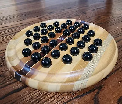 David Levy Chinese Solataire Handcrafted Wood Board & 36 Black Glass Marbles A++ • $48