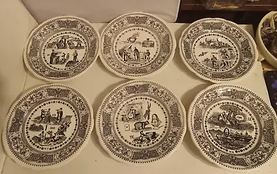 Porcelain Set 6 Gien France Rebus Puzzle Black White Transferware Plates #s 1-6 • $24.99