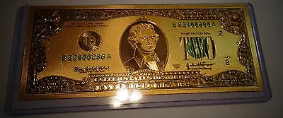 24 Karat 99.9% Gold Usa $ 2 Dollar Bill -green Seal-pvc  Holder=usa  Free Ship • $12.90